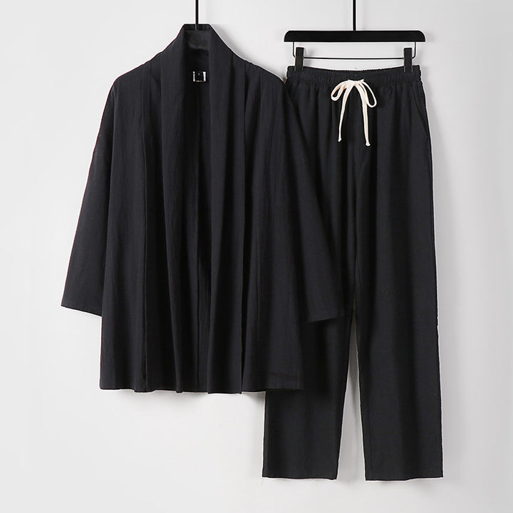 Unisex Lässiges Kimono-Zweiteiler aus atmungsaktivem Leinen-Viskose mit offenem Schalkragen und Kordelbundhose Drune