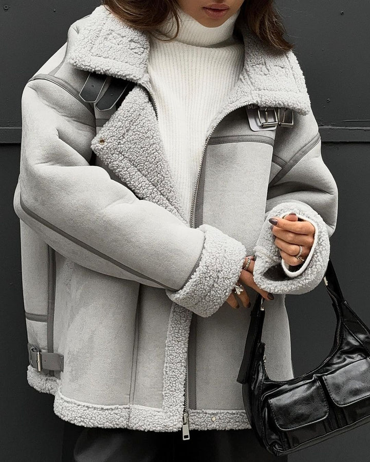 Damen Weit geschnittene Lammfellimitat-Fliegerjacke mit Kunstfellfutter Drune