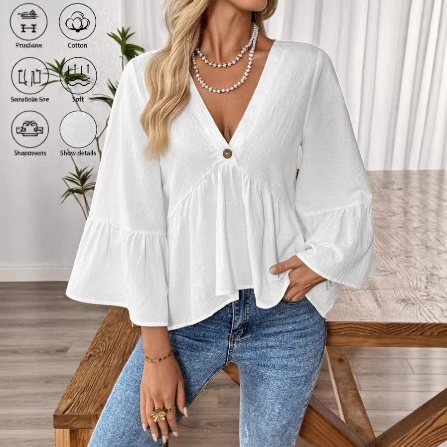 Damen nan elegante Empire-Bluse mit V-Ausschnitt, geraffter Brustnaht und Glockenärmeln Drune