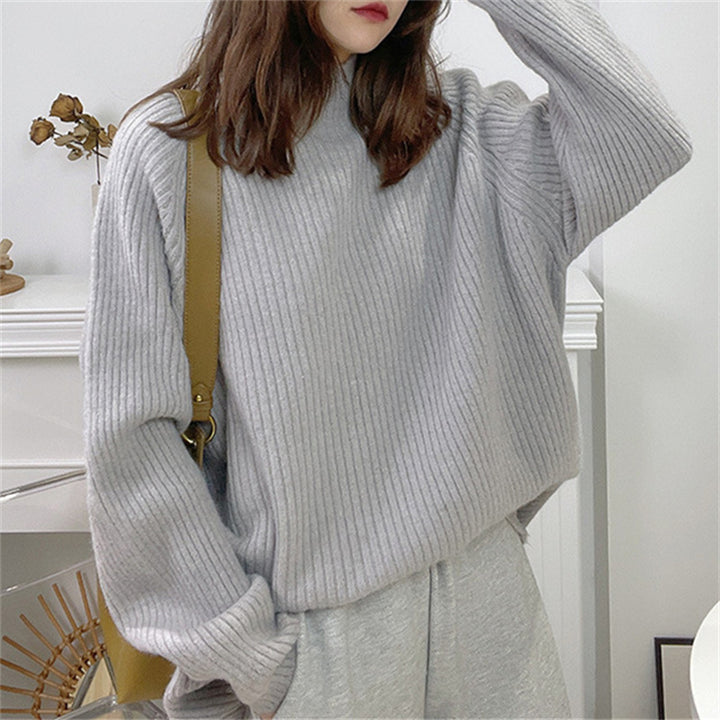 Damen Oversized Strickpullover mit hohem Kragen und feiner Rippstruktur Drune