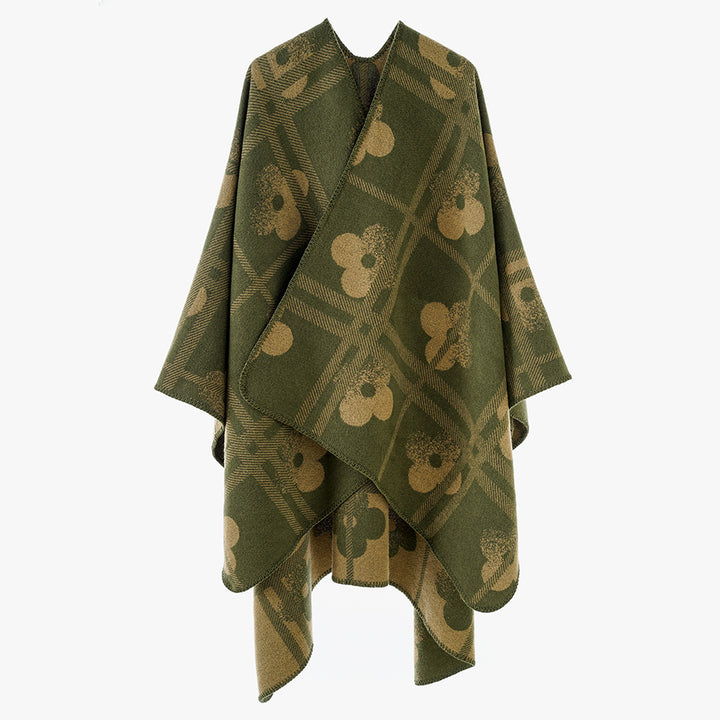 Damen Reversibler Jacquard-Poncho aus Wollmix mit floralem Karo‑Motiv und Zierkettelnaht Drune