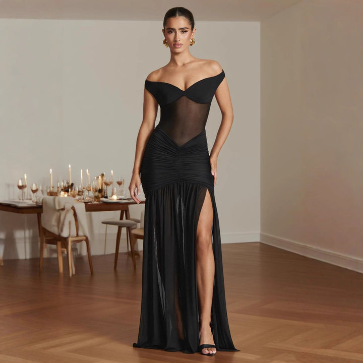 Damen figurbetontes Abendkleid mit schulterfreiem Design und seitlichem Schlitz Drune