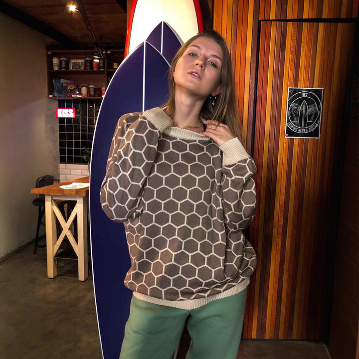 Damen Gemusterter Sweatshirt mit niedlichem Wabenmuster und lockerer Passform Drune