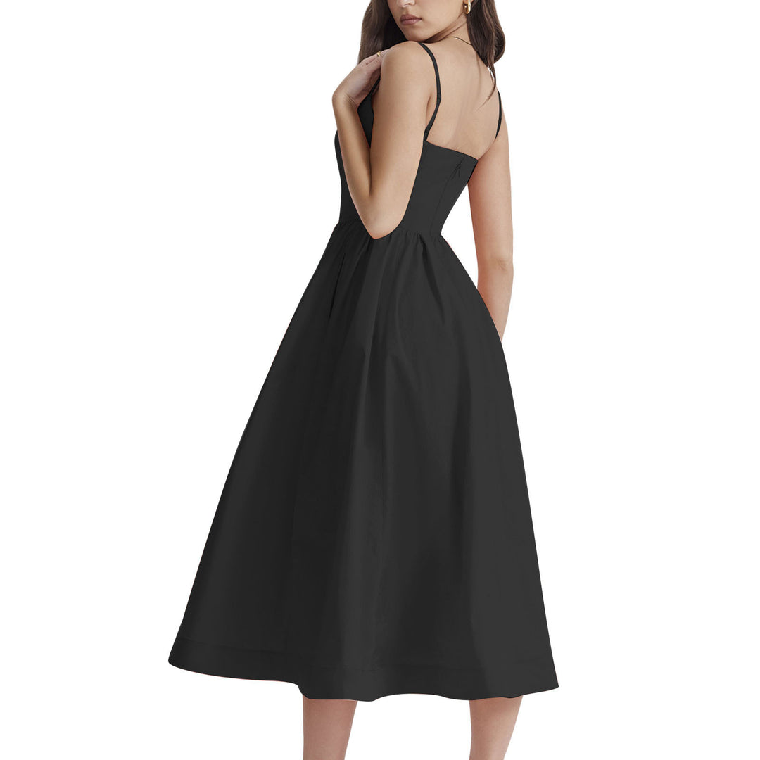Damen elegantes Midikleid mit Spaghetti-Trägern und fließendem Rock Drune