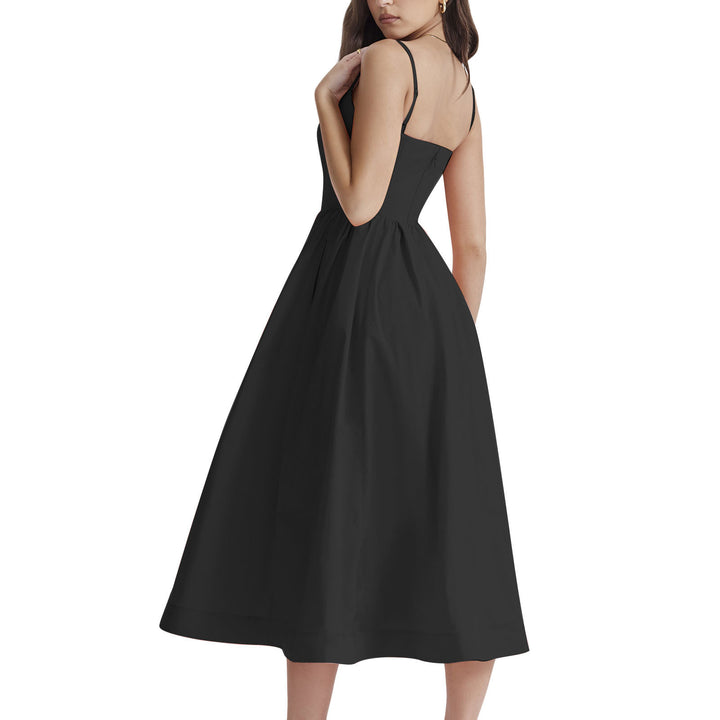 Damen elegantes Midikleid mit Spaghetti-Trägern und fließendem Rock Drune