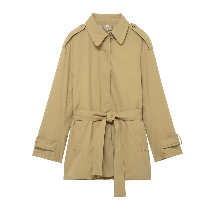Damen Kurzer Trenchcoat mit Taillengürtel und Schulterklappen Drune