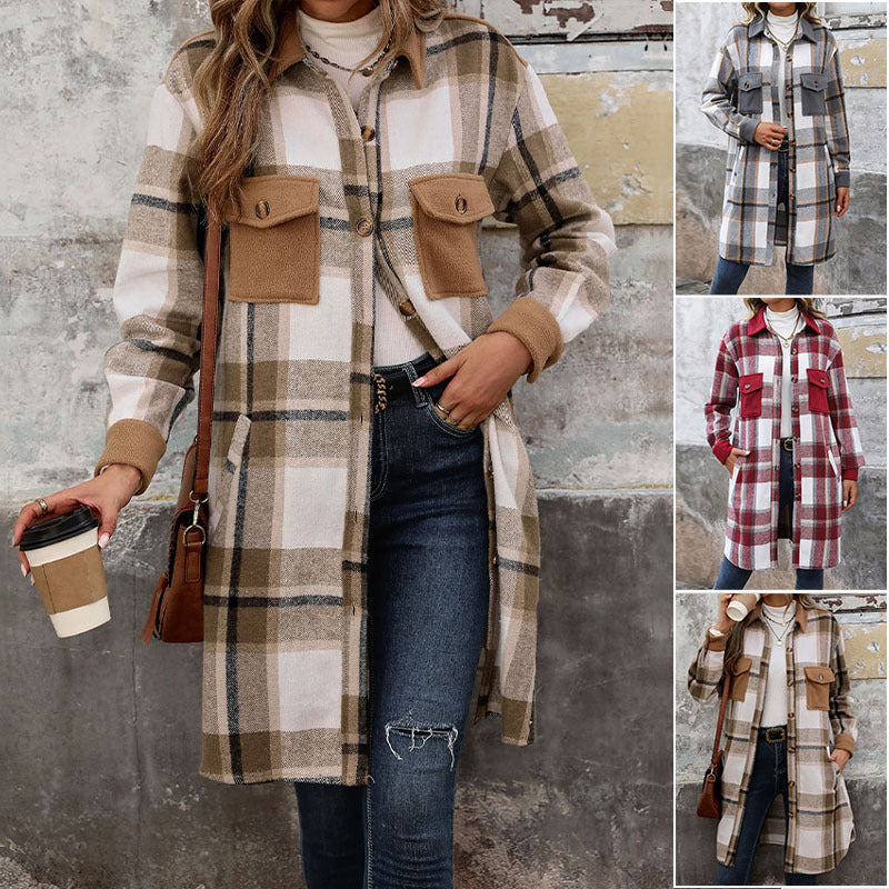 Damen Lange Überwurfjacke im karierten Flanell‑Look mit aufgesetzten Pattentaschen Drune