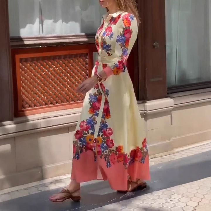 Damen nan langes Hemdblusenkleid mit floralem Print, Bindegürtel und Volantbesatz Drune