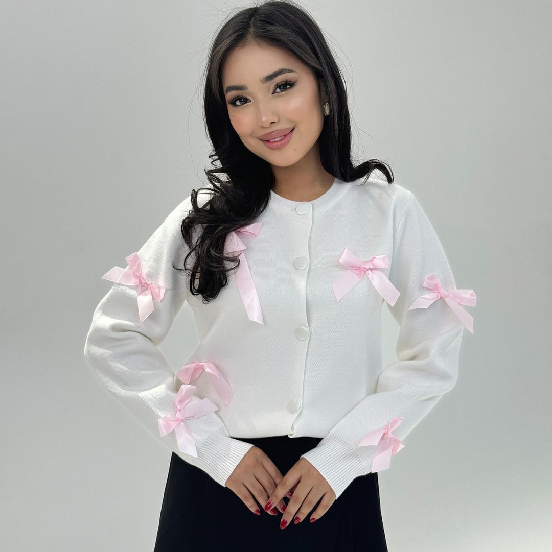 Damen raffinierte Strickjacke mit dekorativen Schleifen Drune