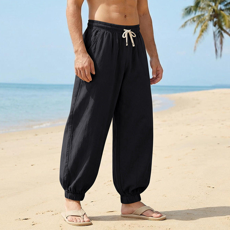 Herren Weite Leinenoptik-Strandhose mit Kordelzug, elastischem Bund und gerafften Beinabschlüssen Drune