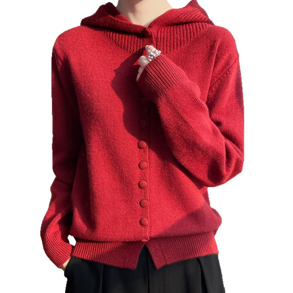 Damen Strickjacke mit Kapuze und durchgehendem Knopfverschluss Drune