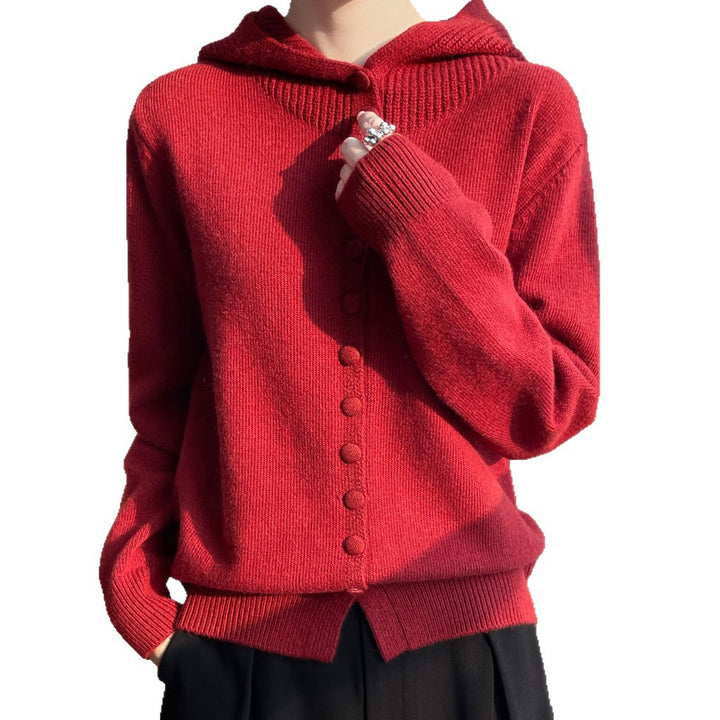 Damen Strickjacke mit Kapuze und durchgehendem Knopfverschluss Drune