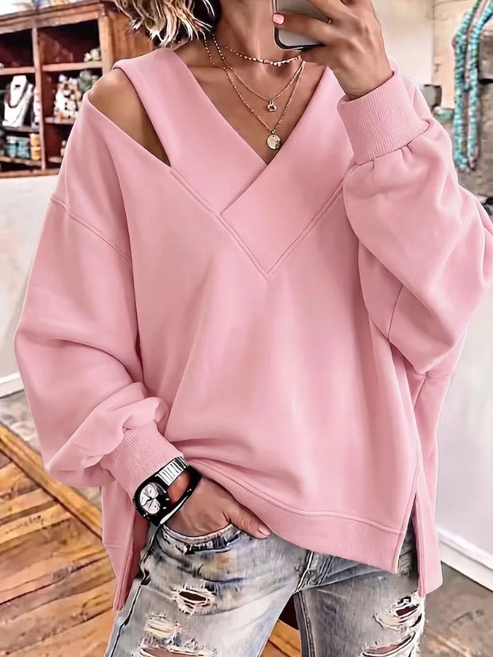Damen Oversize-Sweatshirt mit V‑Ausschnitt und Cut-Out-Schulter Drune
