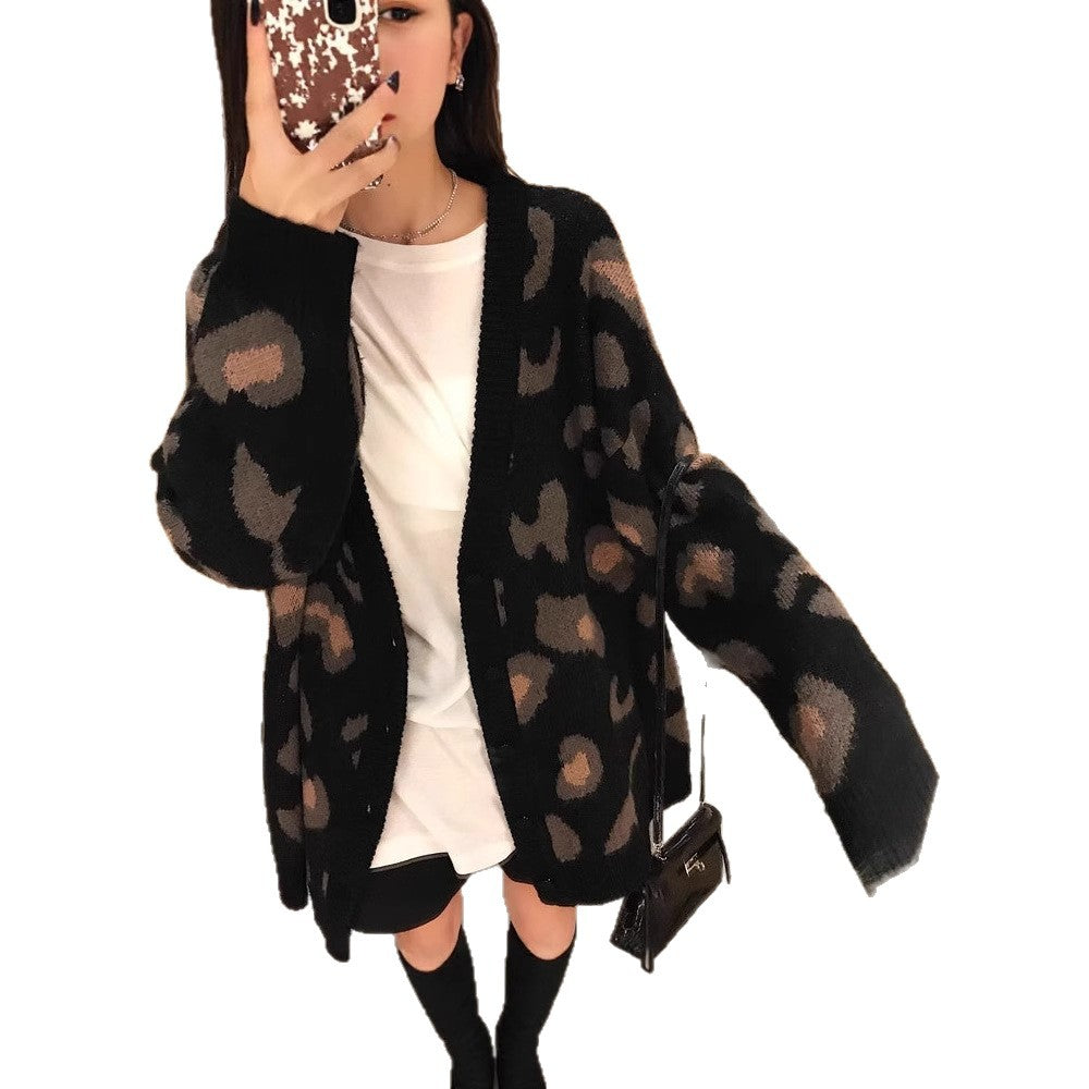 Damen gemütliche Strickjacke mit einzigartigem Leopardenmuster Drune