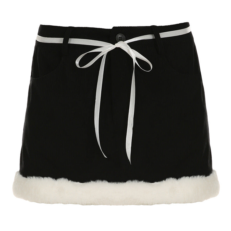 Damen modischer und weicher Cordrock mit flauschigem Bund und verstellbarem Kordelzug Drune