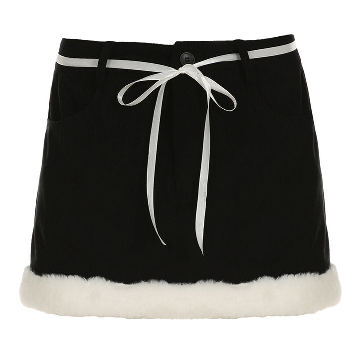 Damen modischer und weicher Cordrock mit flauschigem Bund und verstellbarem Kordelzug Drune
