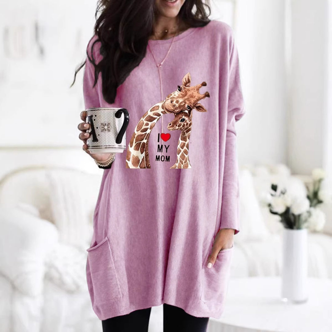 Frauen Übergroße Sweatkleid mit Giraffenmuster, Rundhalsausschnitt und Seitentaschen Drune