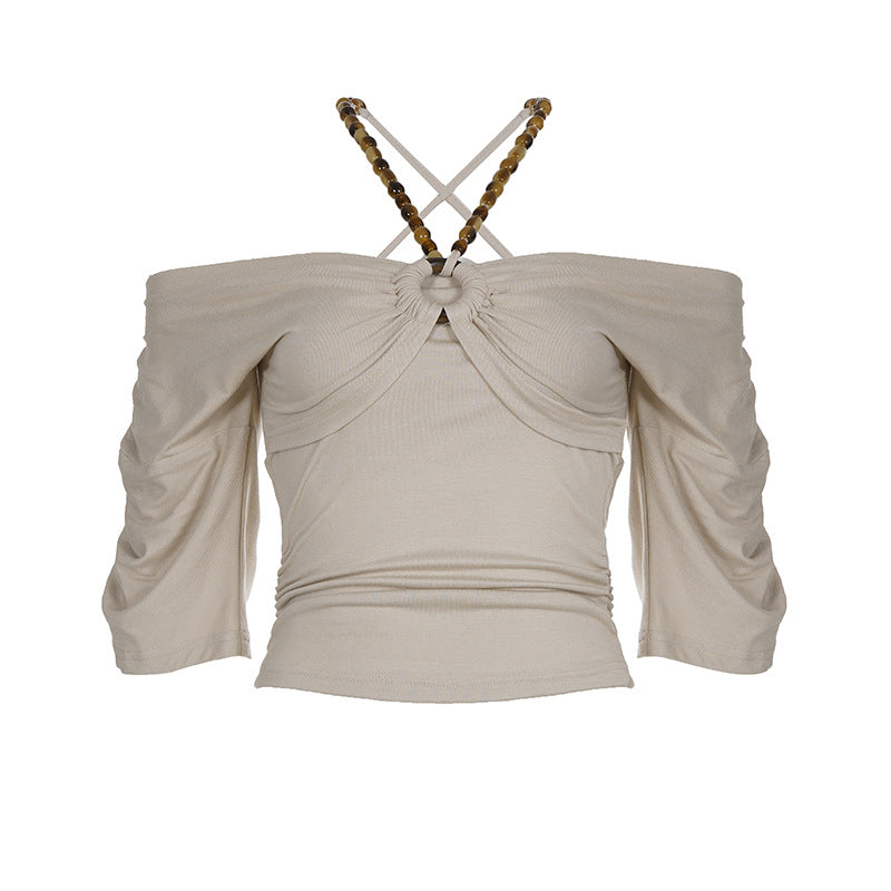 Damen Off-Shoulder Oberteil mit voluminösen Ärmeln und Dekorativem Knoten Drune