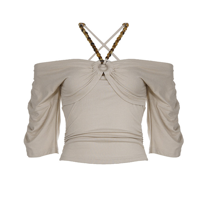 Damen Off-Shoulder Oberteil mit voluminösen Ärmeln und Dekorativem Knoten Drune