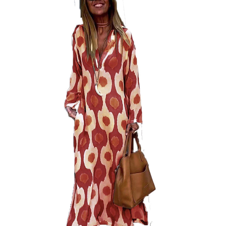 Damen Langes Boho-Maxikleid mit V-Ausschnitt, lockerem Schnitt und auffälligem Allover-Print Drune