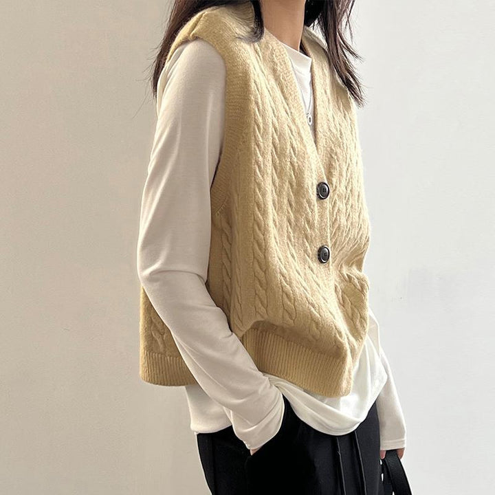 Damen elegante Strickweste mit Zopfmuster und Knopfdetails Drune
