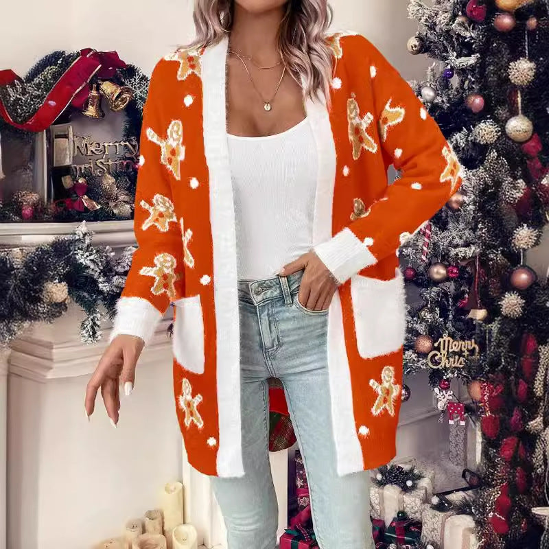 Damen Weihnachts-Cardigan mit festlichem Ingwerbread-Motiv und praktischen Taschen Drune