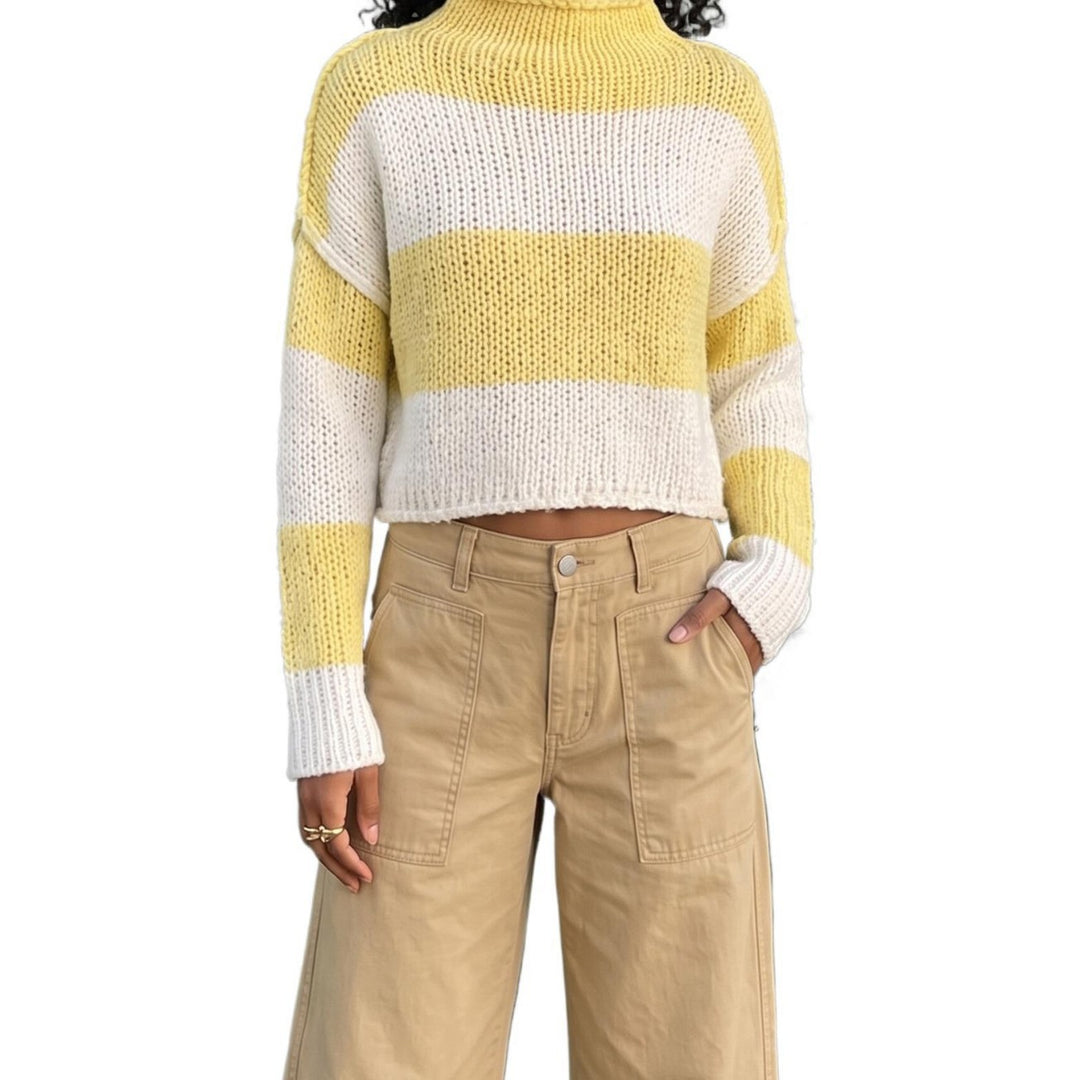 Damen Grobgestrickter Cropped-Pullover mit Stehkragen und überschnittenen Ärmeln Drune
