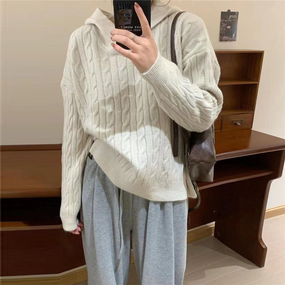 Damen Kuscheliger Strickpullover mit Kapuze und Kabelmuster Drune