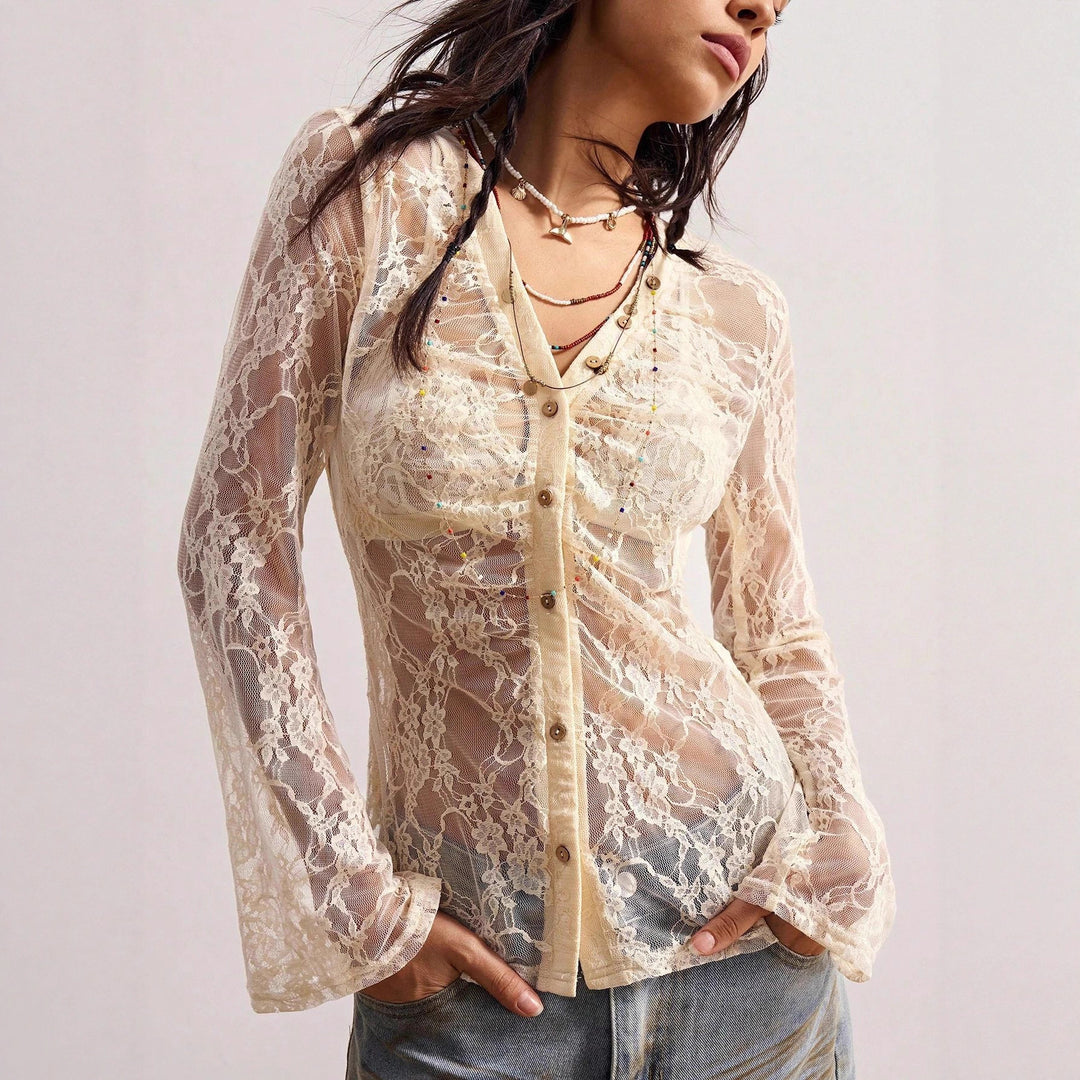 Damen nan zarte Spitzen-Cardigan mit taillierter Silhouette und Knopfleiste Drune