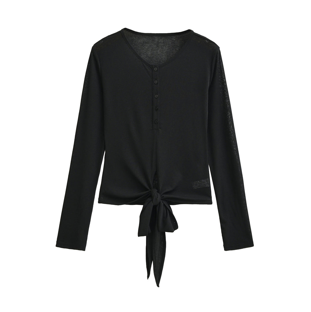 Damen Langarm-Henley-Top mit Knotenfront und Knopfleiste Drune