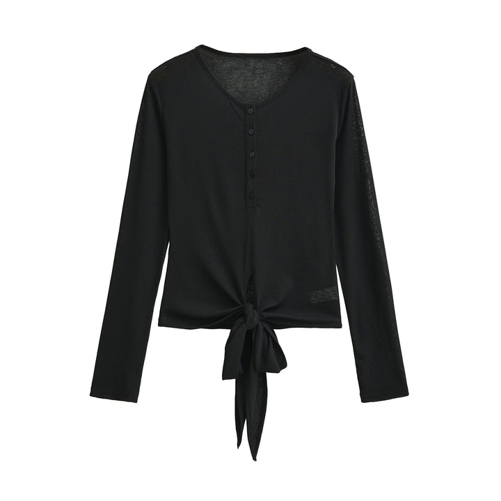Damen Langarm-Henley-Top mit Knotenfront und Knopfleiste Drune