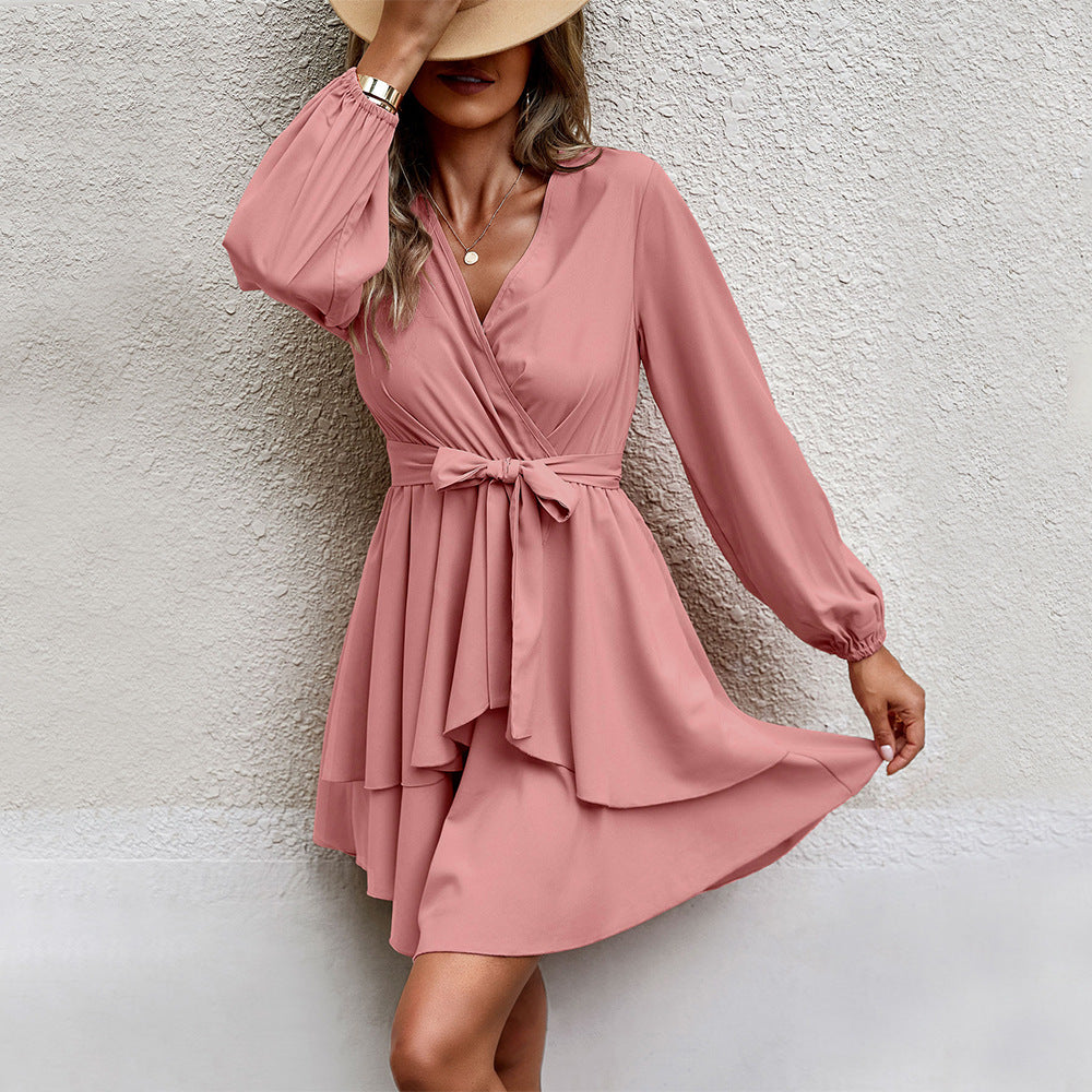 Damen gerafftes Wickel-Minikleid mit Stufenrock Bindegürtel und Volantdetails Drune