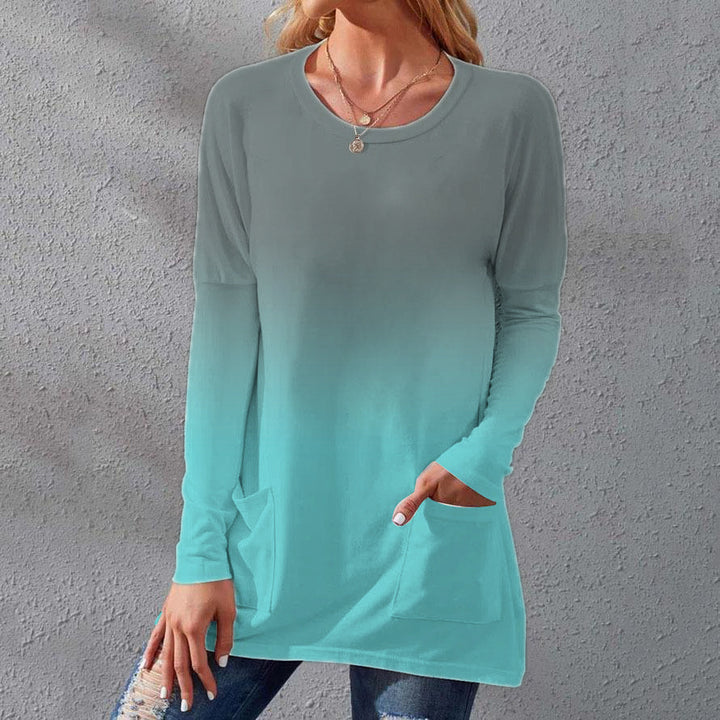 Damen Lange Ombre Tunika Bluse mit Rundhalsausschnitt und Eingrifftaschen Drune
