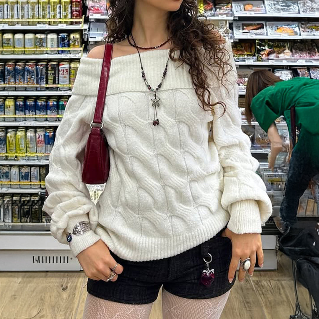 Damen nan schulterfreier Grobstrickpullover mit Zopfmuster, weitem Armaufschlag und elastischem Rippenbund Drune