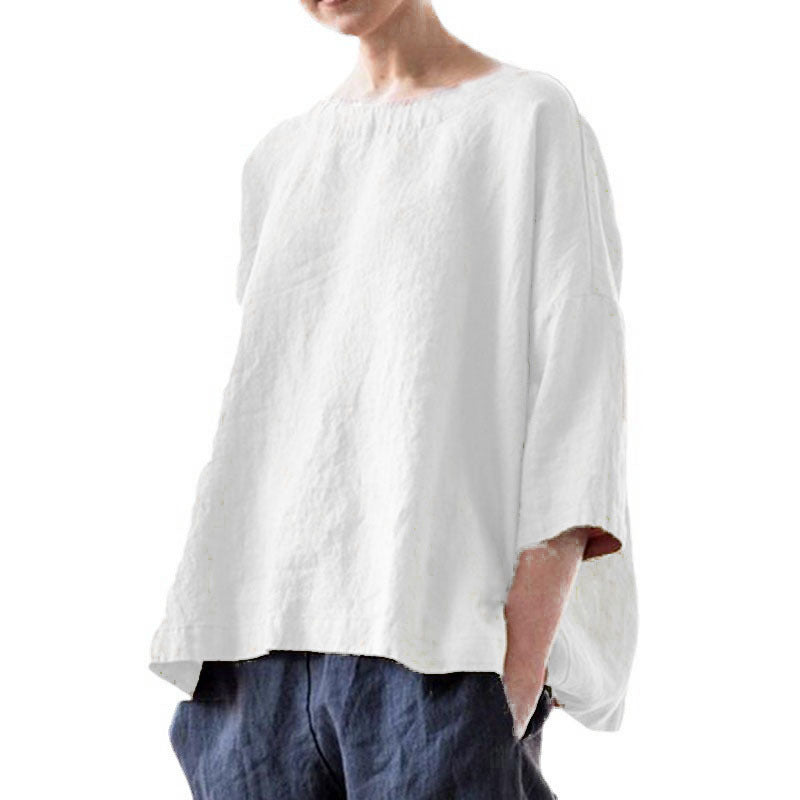 Damen Oversized Leinenbluse mit weitem Boxy‑Schnitt, U‑Boot‑Ausschnitt und 3/4‑Ärmeln Drune