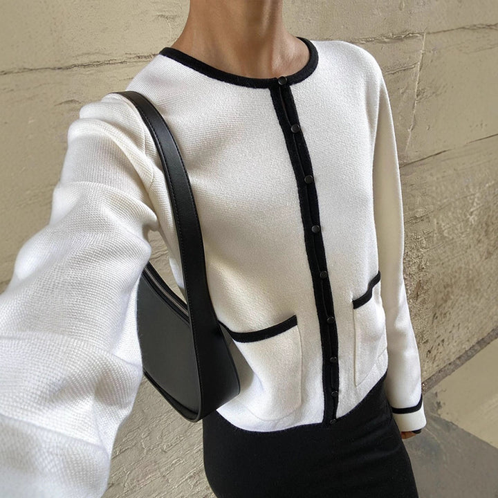 Damen Feiner Kontrast-Knopfleisten‑Cardigan mit Paspelung und aufgesetzten Taschen Drune