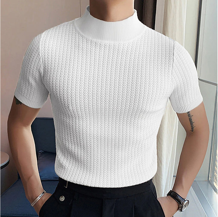 Herren nan kurzärmliges Stehkragen-Feinstrickshirt mit feiner Rippstruktur Drune