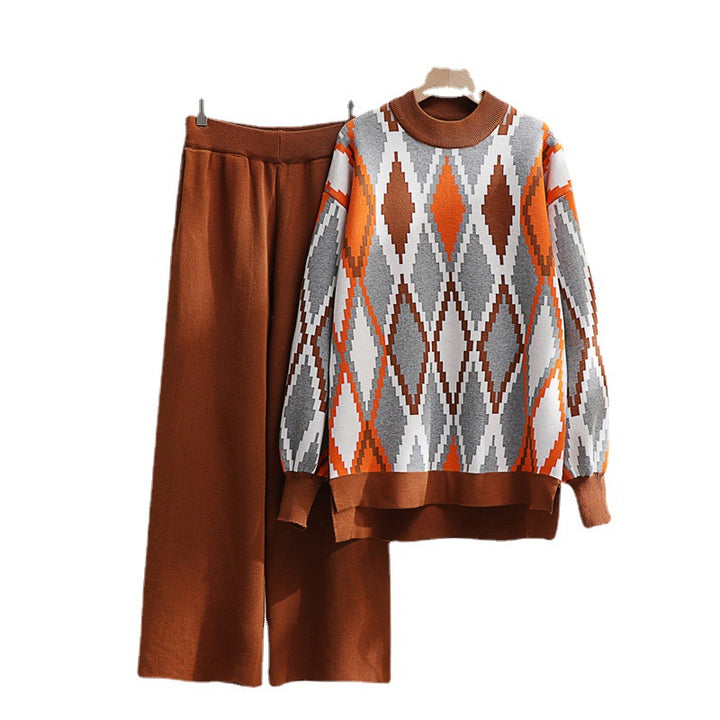 Damen modisches Strick-Loungewear-Set mit geometrischem Muster und weitem Schnitt Drune