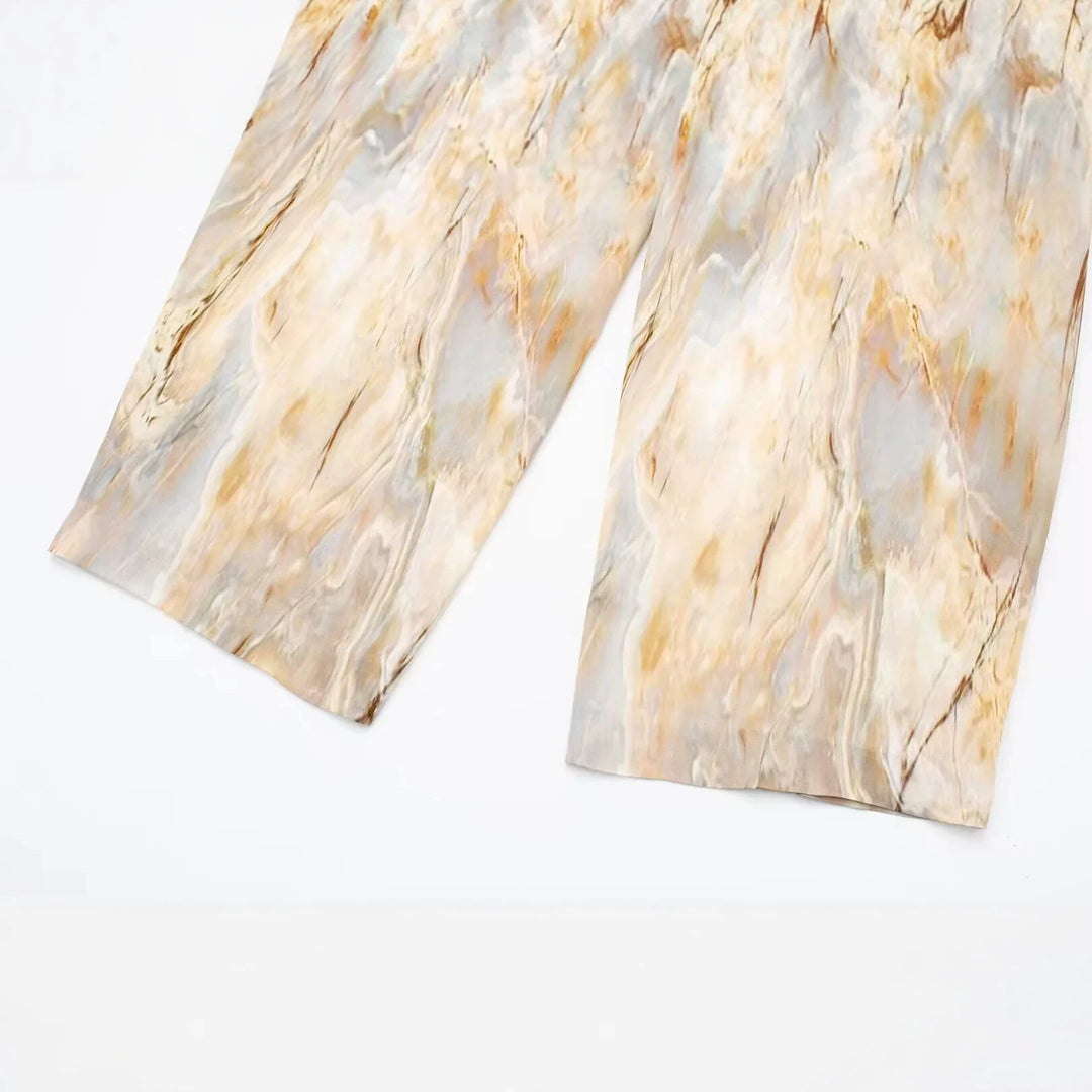 Damen nan weite Palazzo-Hose mit hohem Bund und marmoriertem Druck Drune