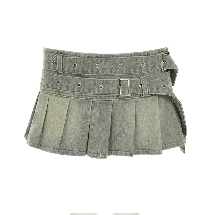 Damen modischer Faltenrock mit Gürteldetails und stylischen Ösen Drune