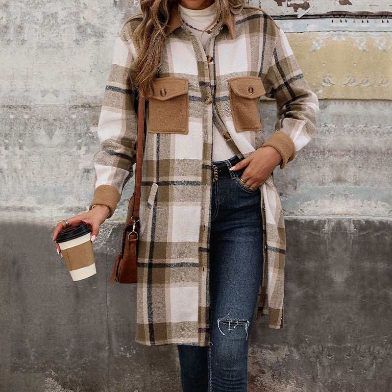 Damen karierte Langarmjacke mit praktischen Taschen und modernem Schnitt Drune