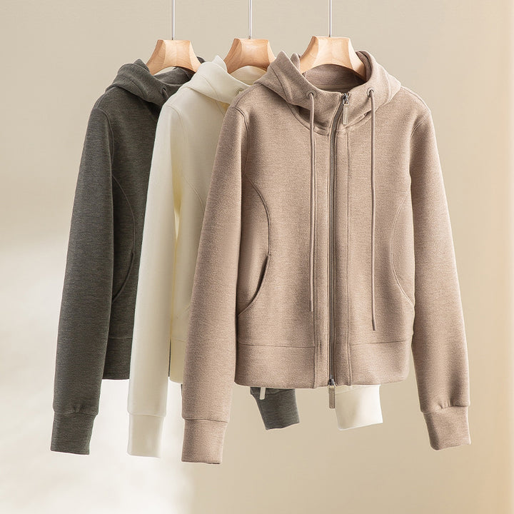 Damen Kurze Kapuzen-Sweatjacke mit Zwei-Wege-Reißverschluss und Kängurutaschen Drune