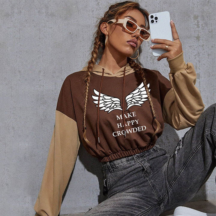 Damen Cropped Hoodie mit Kontrastärmeln, elastischem Saum und schmelzendem Smiley-Print Drune