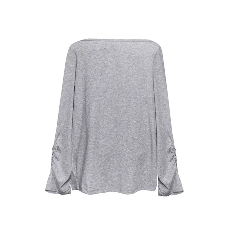 Damen Langes drapiertes Langarmshirt mit Wasserfallkragen und Raffung an den Ärmeln Drune