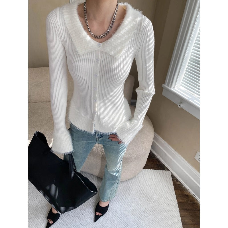 Damen gestrickte Cardigan mit seitlichen Taschen und weichem Kragen Drune