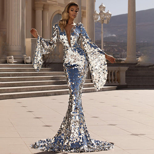Damen Glamouröses Pailletten Abendkleid mit tiefem V-Ausschnitt und langen Ärmeln Drune