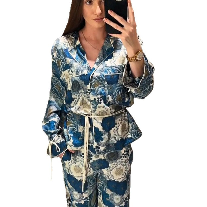 Damen Zweiteiliges florales Jacquard-Loungewear-Set mit Taillengürtel, Paspelierung und Bindärmeln Drune