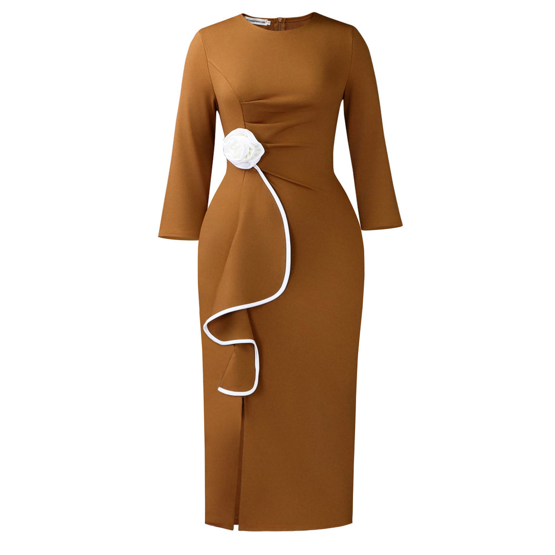 Damen Etuikleid mit eleganter Drapierung und floraler Applikation Drune