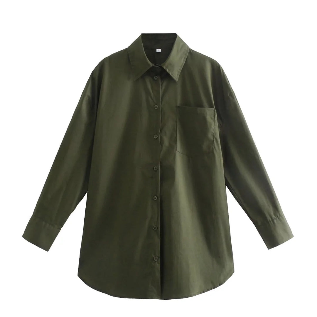 Damen Oversize-Hemdbluse mit rundem Saum, Brusttasche und überschnittenen Schultern Drune