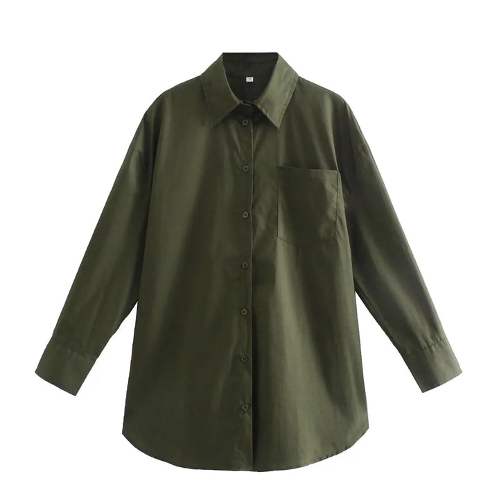 Damen Oversize-Hemdbluse mit rundem Saum, Brusttasche und überschnittenen Schultern Drune